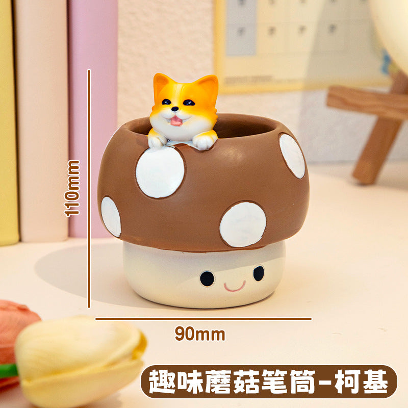 Whimsical Mushroom Pen Holder with Animal Friends, Playful Desktop Pencil Cup for Creative Workspaces, Shelves and Gift Giving