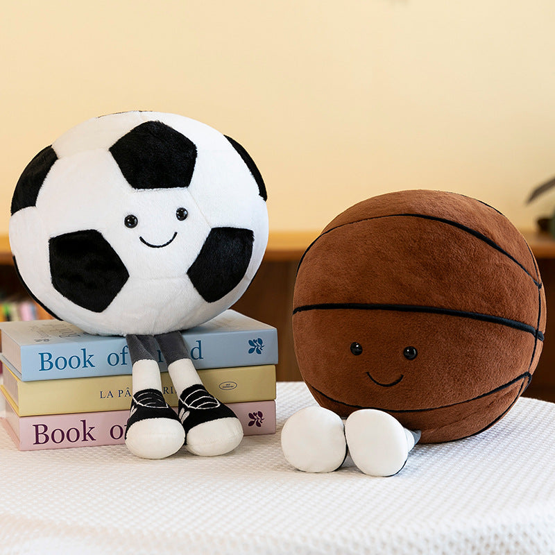 Smiling Sports Ball Plush Toy, 25 cm Soccer, Basketball or Rugby Ball with Dangling Legs for Playful Gifts and Cozy Rooms