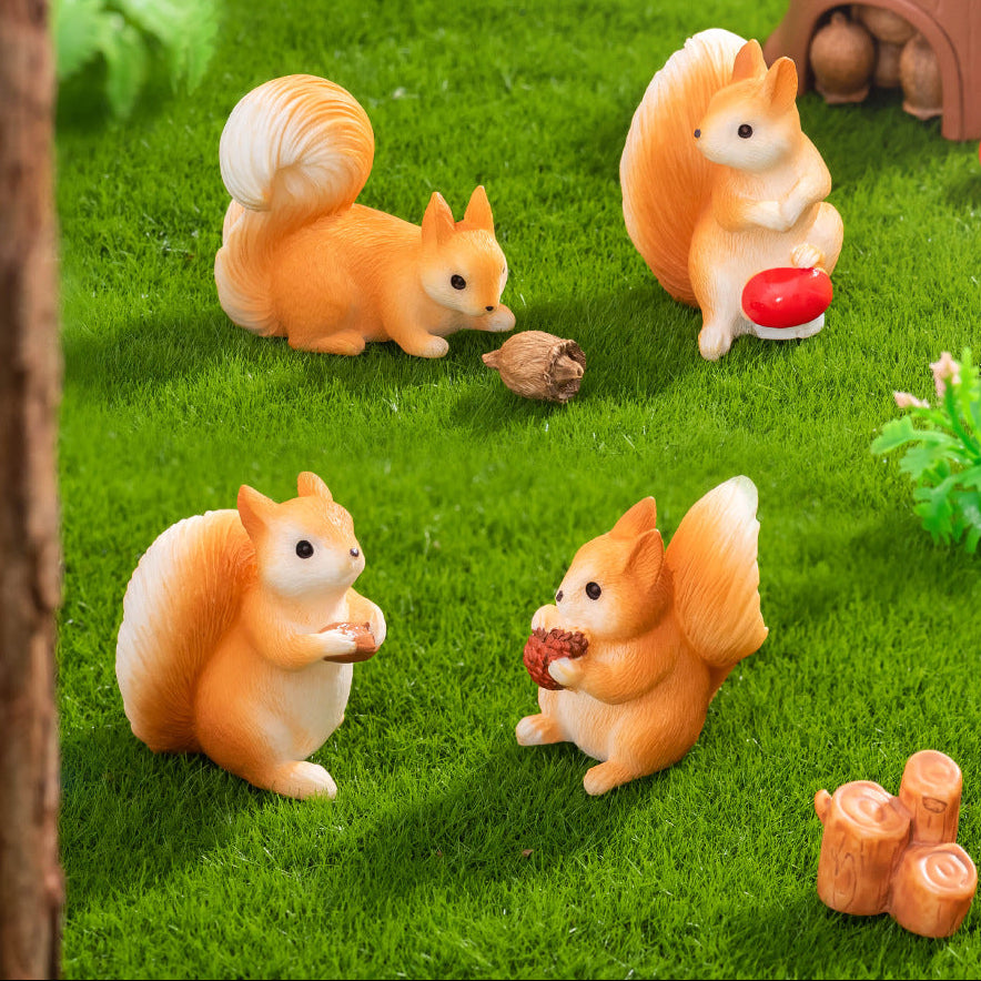 Mini Squirrel Figurine Set of 7, Woodland Animal Micro Ornaments for Desk Displays, Tiny Garden Scenes and Gift Giving