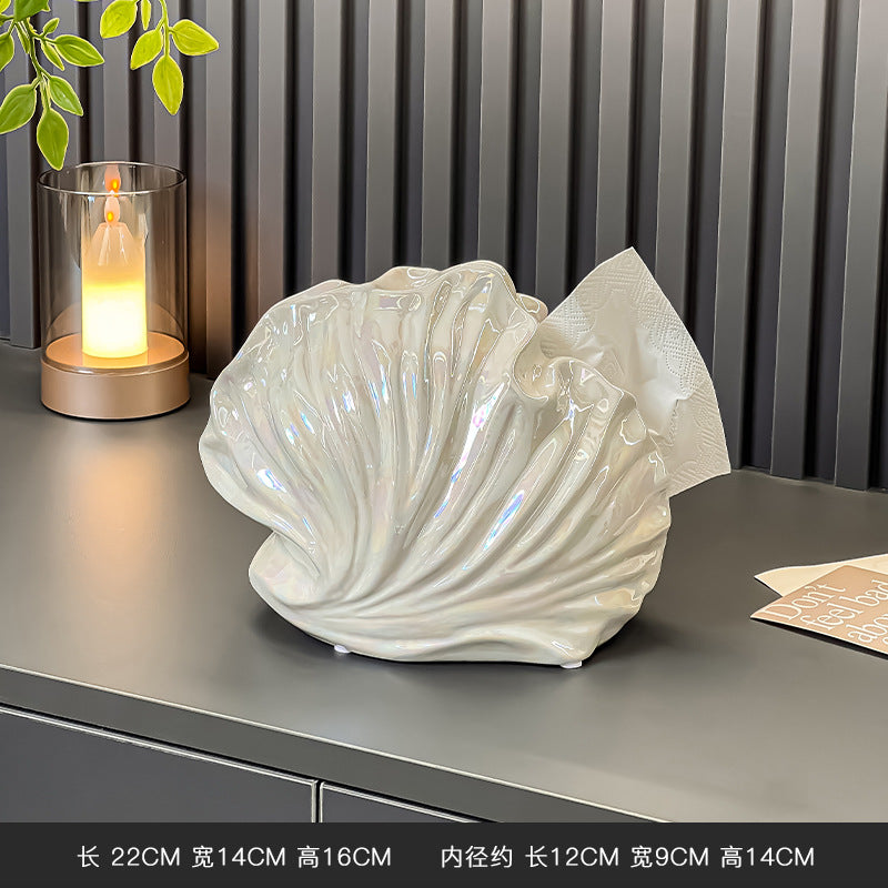 Sculptural Shell Tissue Box Cover, Ceramic-Inspired Seashell Tabletop Holder in Cream, Black or Iridescent for Elegant Home Decor
