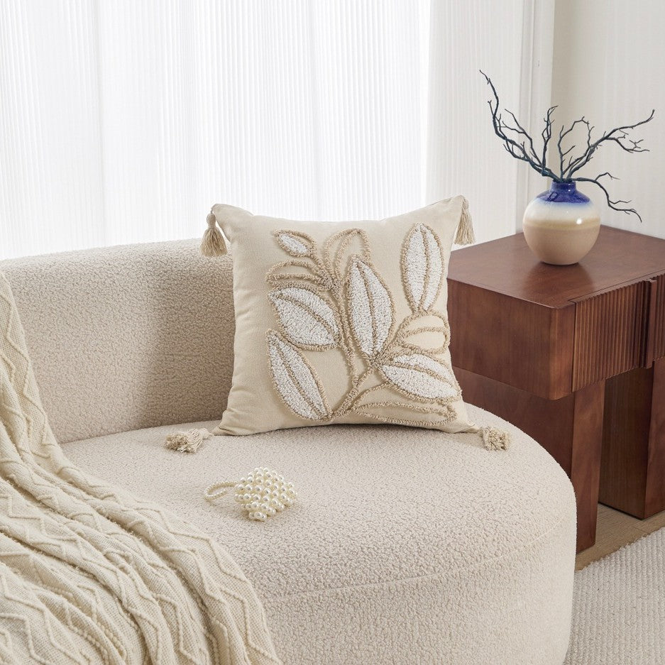 Neutral Tufted Pillow Cover, Textured 45 x 45 cm Cushion Case with Leaf, Wave and Tassel Designs for Cozy Sofas