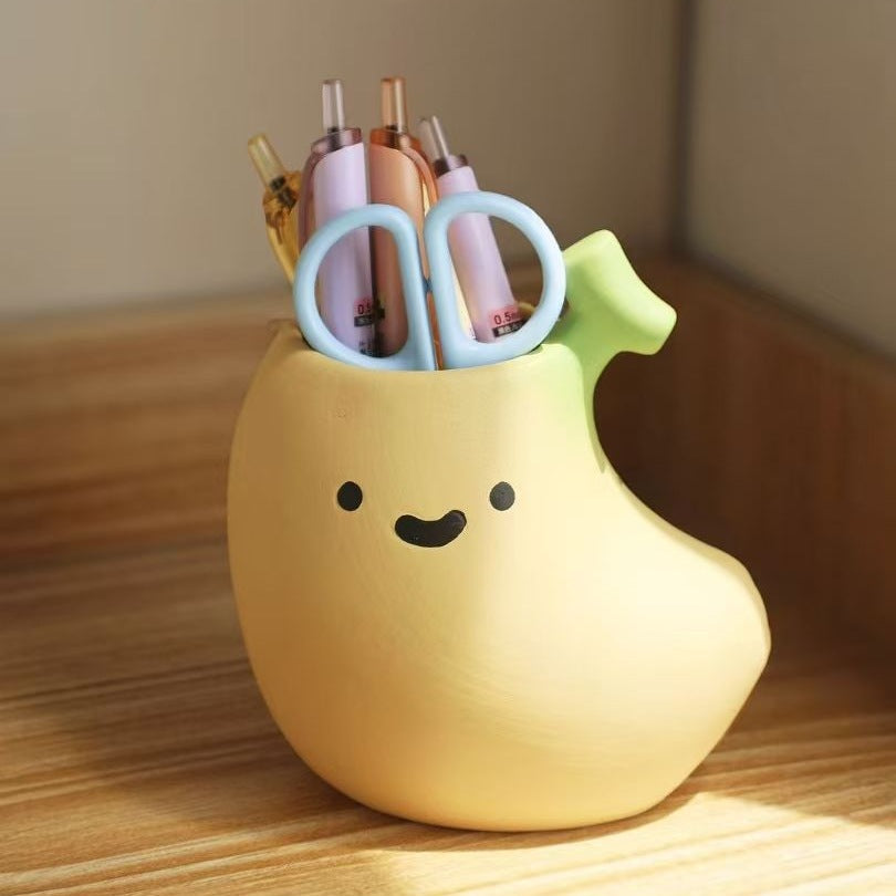 Smiling Banana Ceramic Pen Holder, Playful Desktop Pencil Cup and Makeup Brush Organizer for Home Office Decor