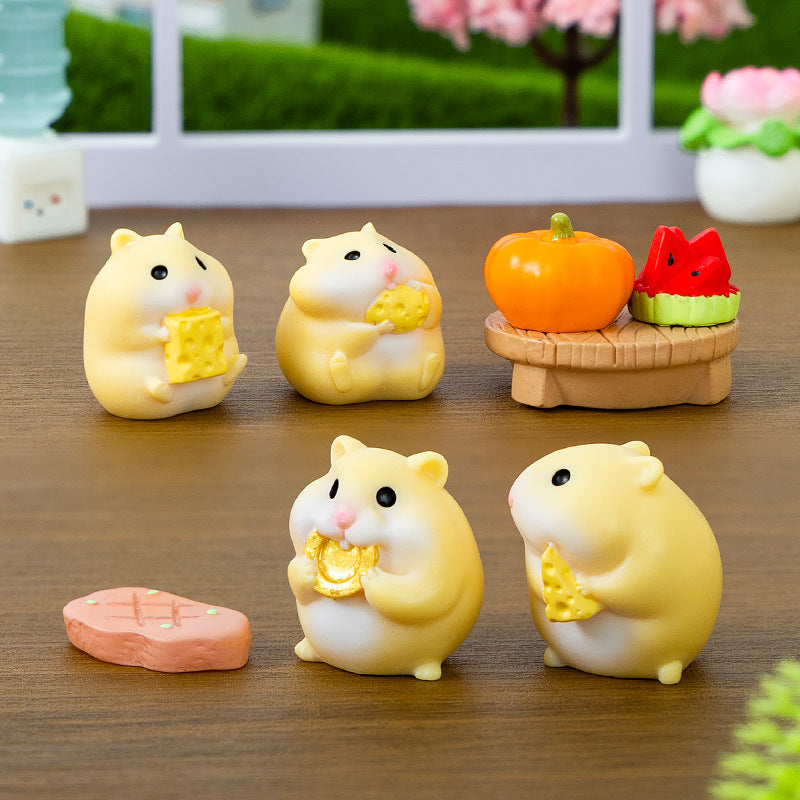 Mini Hamster Figurine Set of 4, Whimsical Animal Micro Ornaments for Desk Decor, Miniature Scenes and Small Gifts