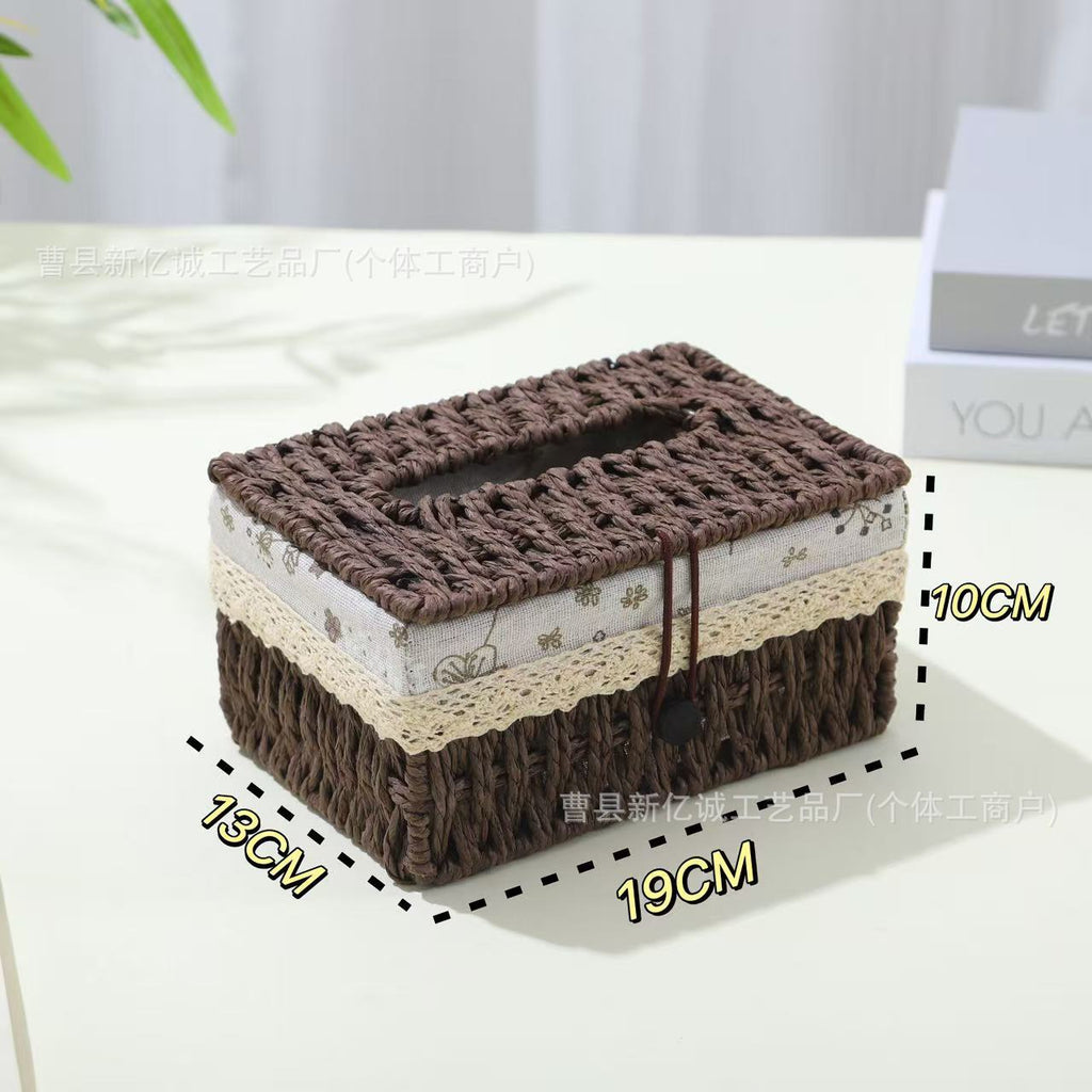 Woven Tissue Box Cover in Natural or Chestnut, Beaded and Button Styles in Medium or Large for Cozy Living Rooms and Desks