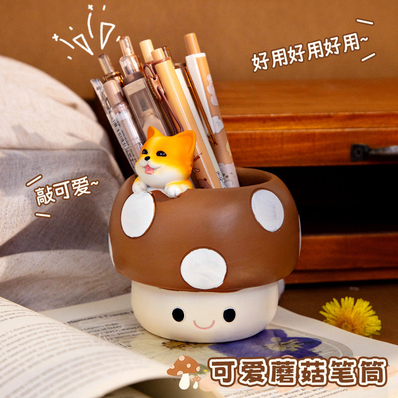 Whimsical Mushroom Pen Holder with Animal Friends, Playful Desktop Pencil Cup for Creative Workspaces, Shelves and Gift Giving