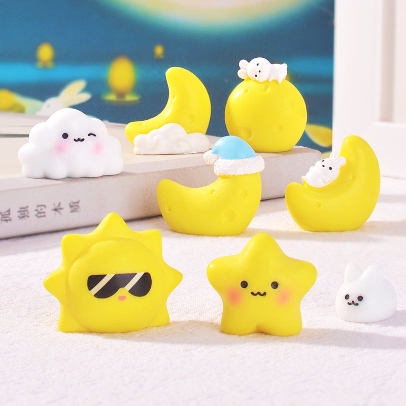 Moon, Cloud and Bunny Miniatures, Complete 8 Piece Celestial Figurine Set for Fairy Gardens, Dollhouses and Dreamy Desk Decor