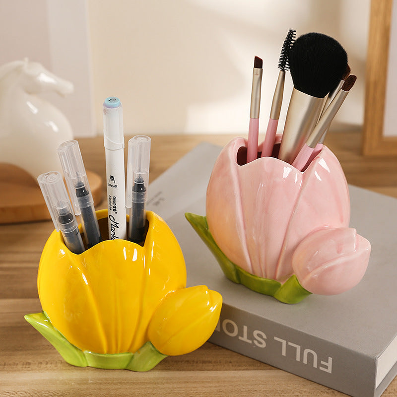 Ceramic Tulip and Flower Pen Holder, Pink or Yellow Floral Desk Cup for Brushes, Pens and Cheerful Workspaces