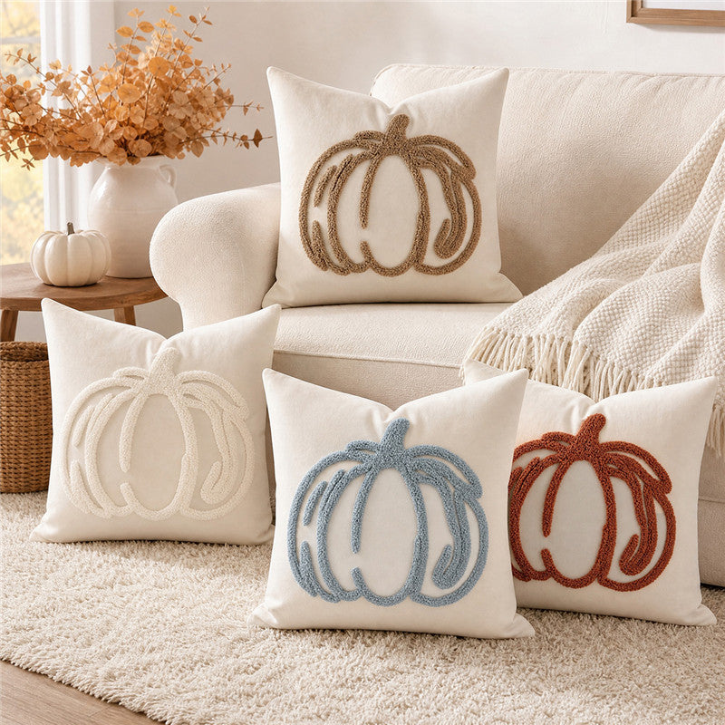 Embroidered Pumpkin Pillow Cover | Textured Autumn Cushion Case in Eight Designs for Cozy Sofas, Bedrooms and Fall Decor
