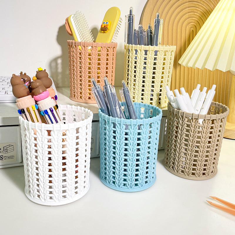 Woven-Look Openwork Pencil Holder, Lightweight Desk Cup in Five Colors for Pens, Markers and Cozy Workspace Decor