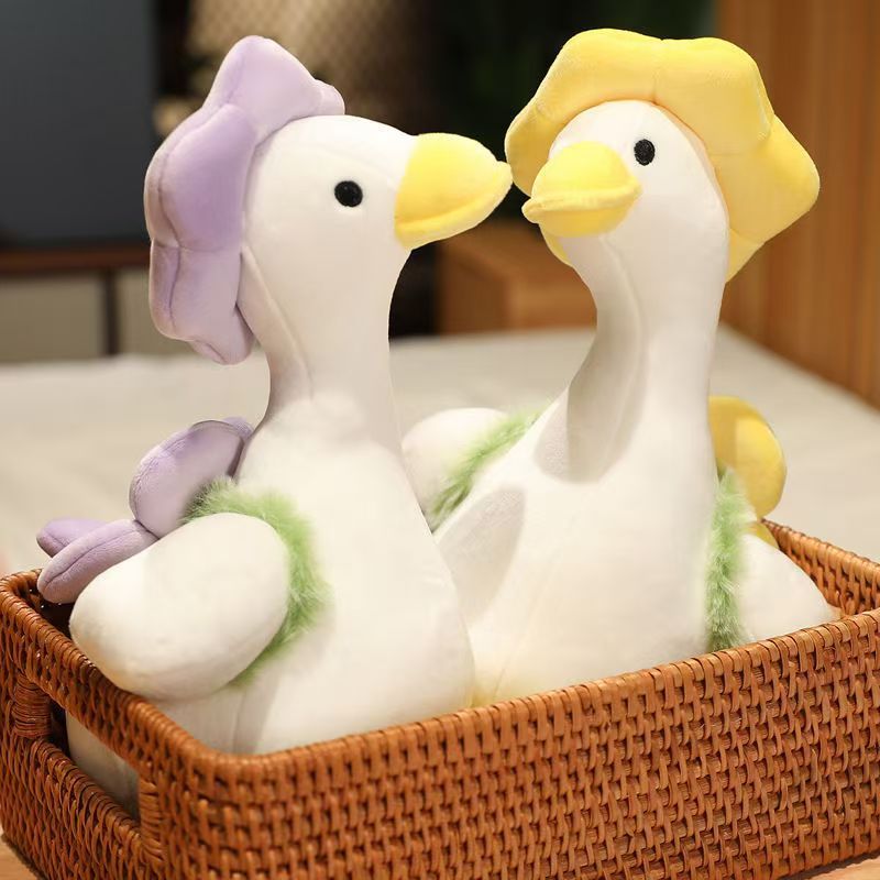 Flower Hat Goose Plush Toy, 30 cm White Goose with Lavender or Yellow Blooms for Cozy Bedrooms and Whimsical Gifts