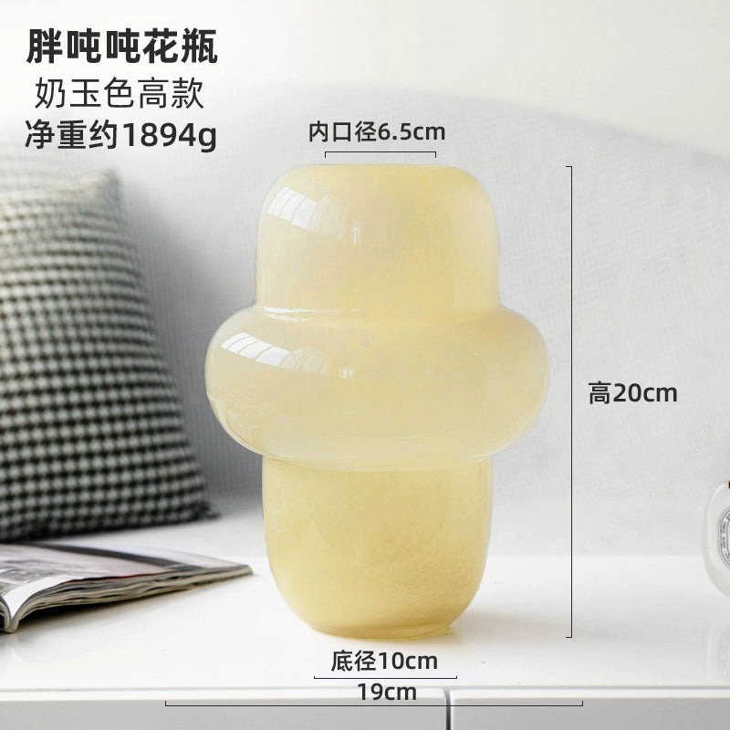 Vintage Ins style honey cream living room glass floral decoration, light luxury and high-end, milky white antique vase