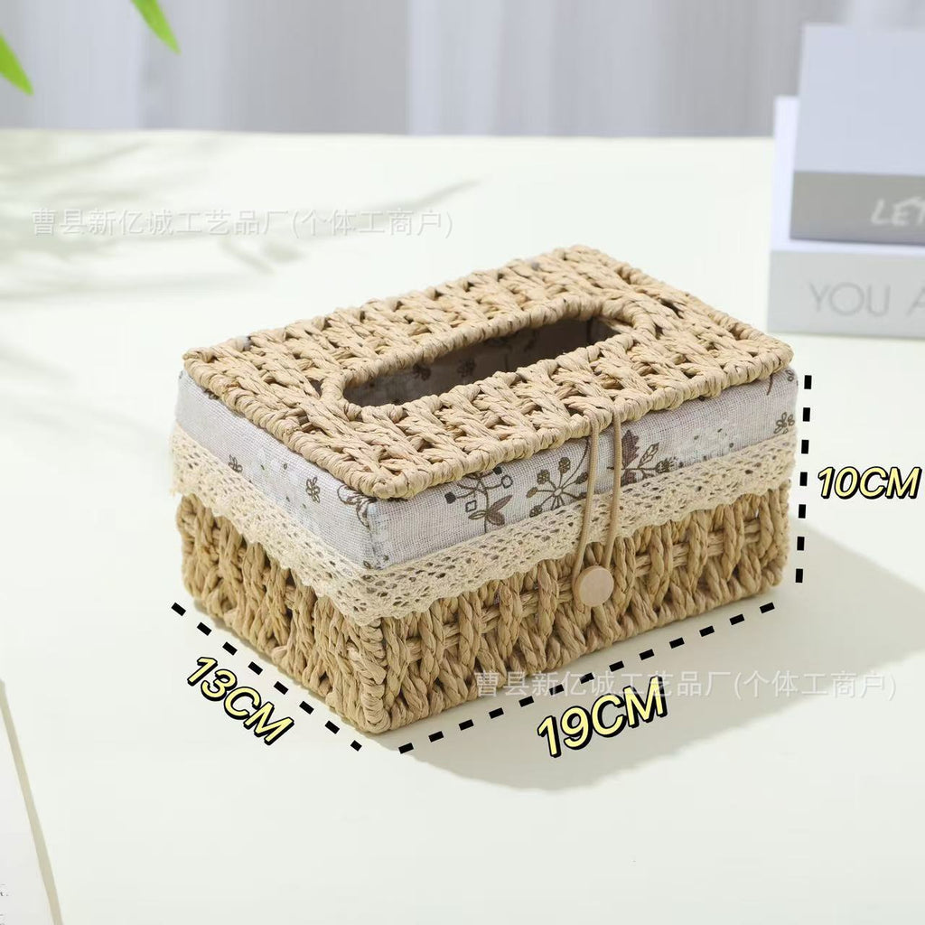 Woven Tissue Box Cover in Natural or Chestnut, Beaded and Button Styles in Medium or Large for Cozy Living Rooms and Desks