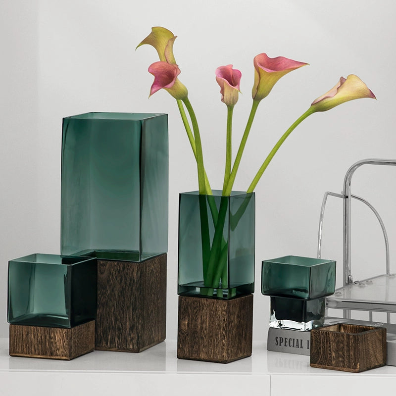 Solid wood vase decoration, living room flower arrangement glass