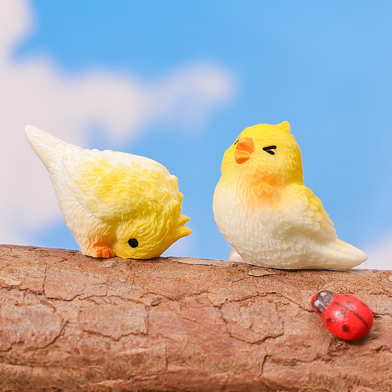 Mini Yellow Parrot Figurine in Eight Playful Poses, Tiny Bird Accent for Fairy Gardens, Desks, Bookshelves and Cheerful Gifts