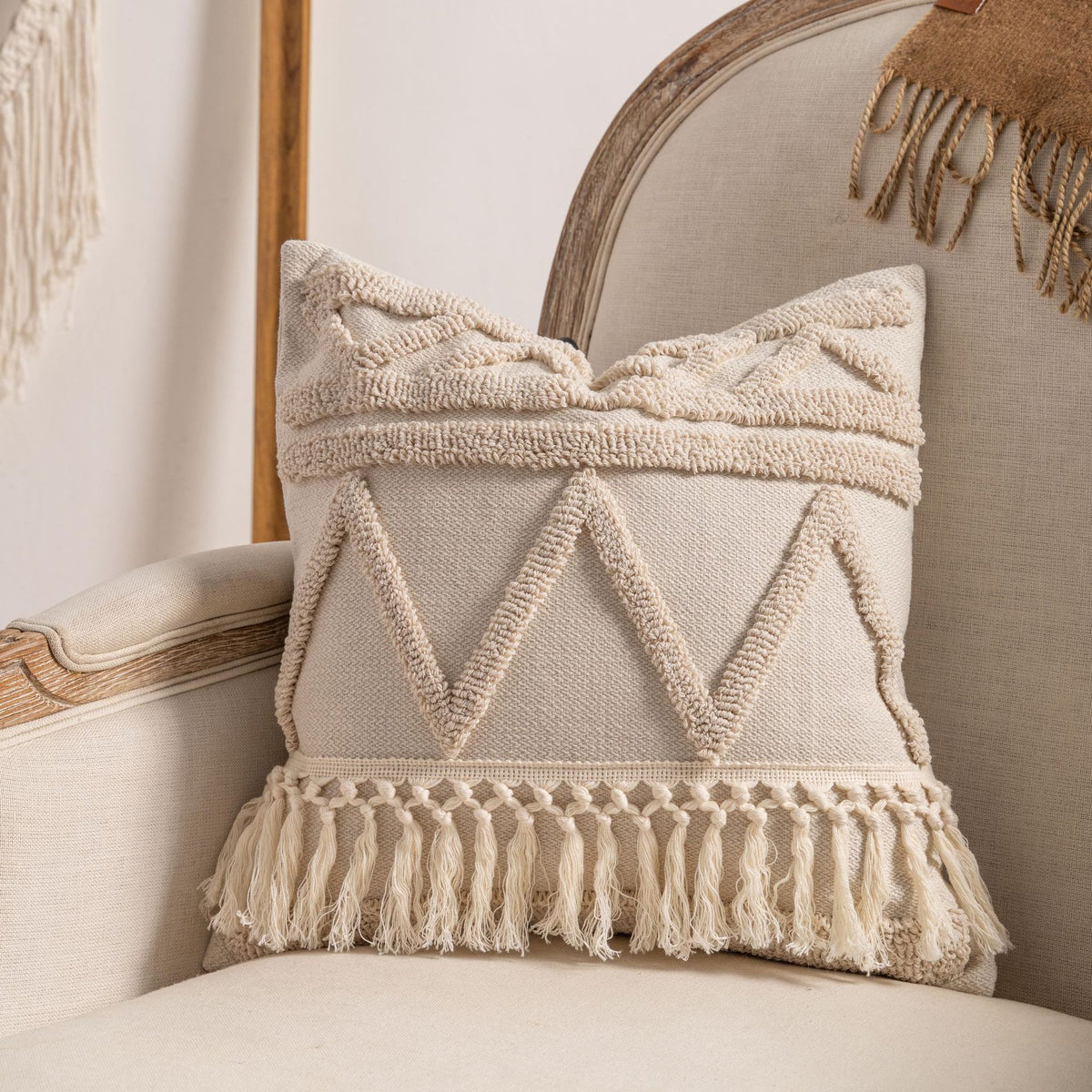 Textured Fringe Pillow Cover in Warm Neutrals, Decorative Cushion Case for Sofas, Beds and Cozy Living Rooms