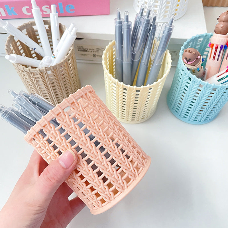 Woven-Look Openwork Pencil Holder, Lightweight Desk Cup in Five Colors for Pens, Markers and Cozy Workspace Decor