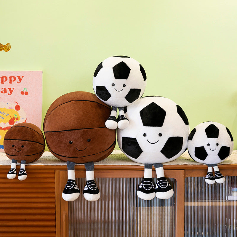 Smiling Sports Ball Plush Toy, 25 cm Soccer, Basketball or Rugby Ball with Dangling Legs for Playful Gifts and Cozy Rooms