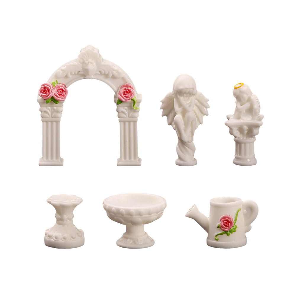 Miniature Garden Decor Set of 6, Floral Arch, Classical Figures and Tiny Accents for Dollhouse Scenes and Desk Displays