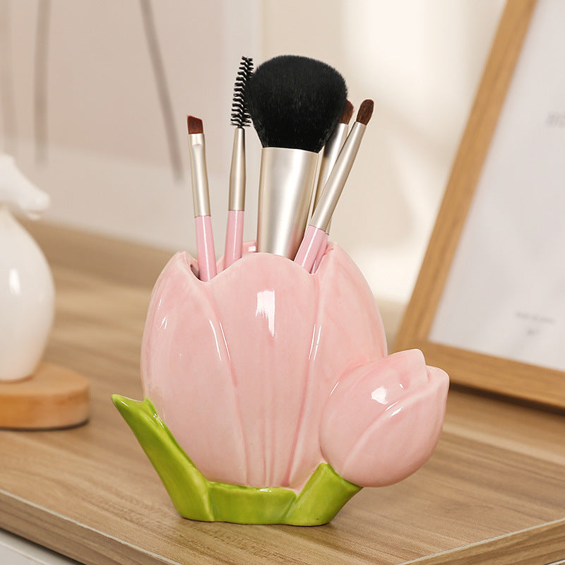 Ceramic Tulip and Flower Pen Holder, Pink or Yellow Floral Desk Cup for Brushes, Pens and Cheerful Workspaces
