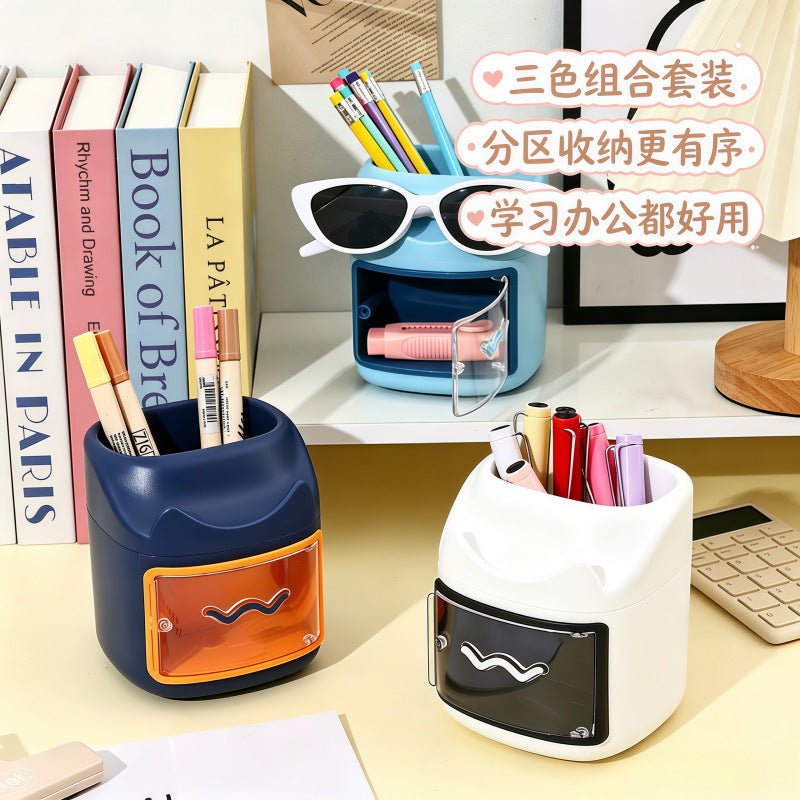 Color Block Mini Drawer Pen Holder, Compact Desk Organizer with Pull-Out Drawer in Light Blue, White or Navy