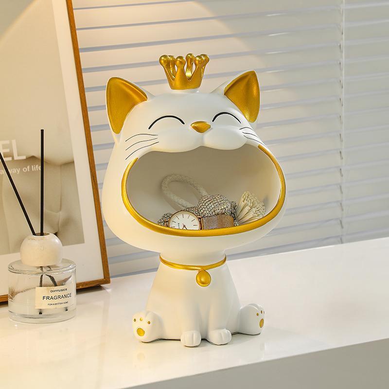 Crowned Cat Catchall Figurine, Playful Open Mouth Jewelry and Key Holder in Four Colors for Desks, Entryways and Gifts