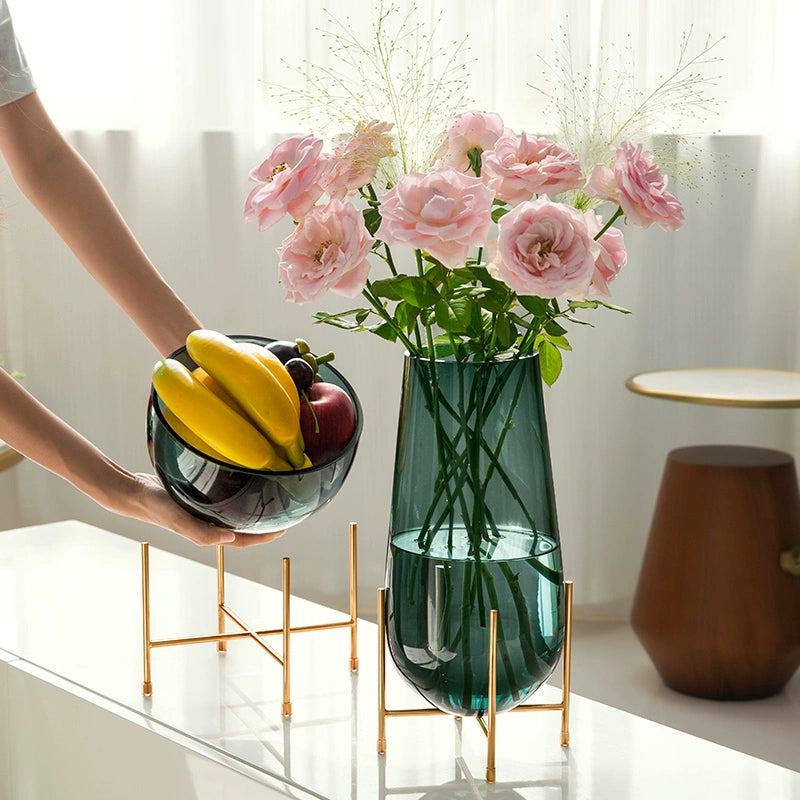 Artisan Blown Glass Vase & Fruit Bowl Set with Gold - Plated Metal Stand, Water - Friendly, Odorless, Stain & Fade Resistant, Decor for Living Room & Dining Table,