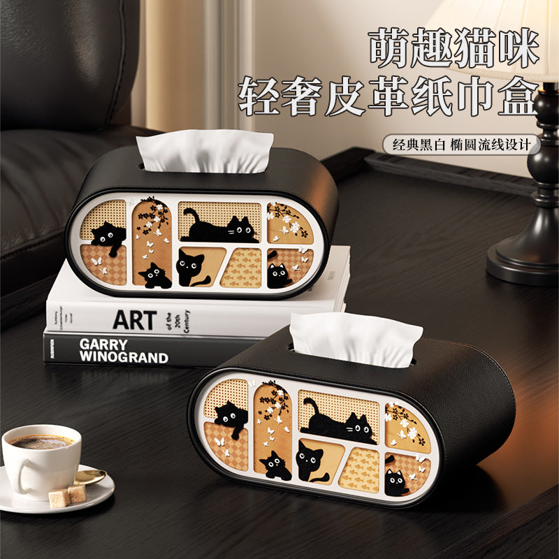 Cat Pattern Tissue Box Cover in Black, White or Cream, Decorative Rectangular Tissue Holder for Cozy Living Rooms, Bedrooms and Desks