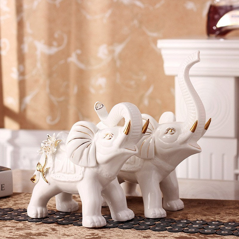 Ceramic Elephant Figurines Pair (2pc) - Good Luck Prosperity Decor | Smooth Stable Home Office Shelf Accents | Green/White Medium Size with Gold Details