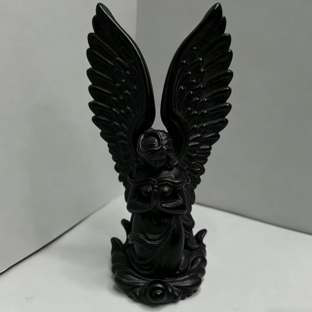 Praying Angel Desk Figurine, Cherub Sculpture in White or Black for Shelves, Workspaces and Thoughtful Gifts