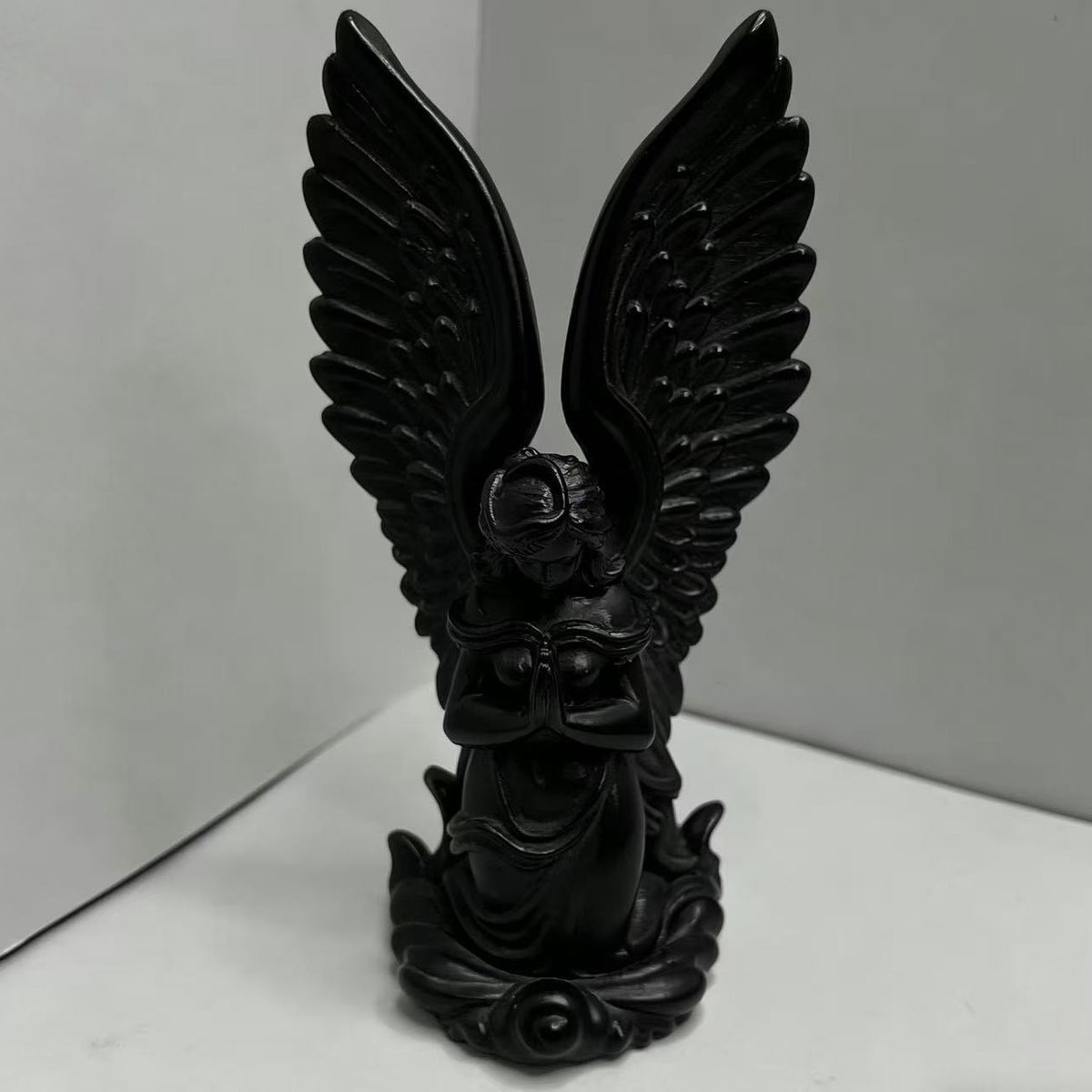 Praying Angel Desk Figurine, Cherub Sculpture in White or Black for Shelves, Workspaces and Thoughtful Gifts