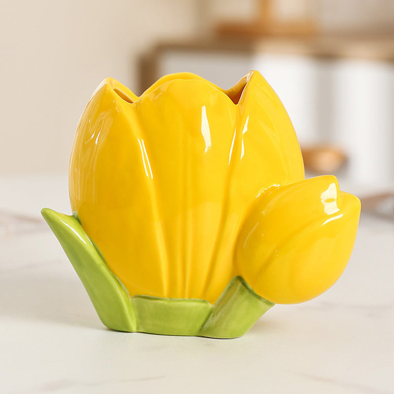 Ceramic Tulip and Flower Pen Holder, Pink or Yellow Floral Desk Cup for Brushes, Pens and Cheerful Workspaces
