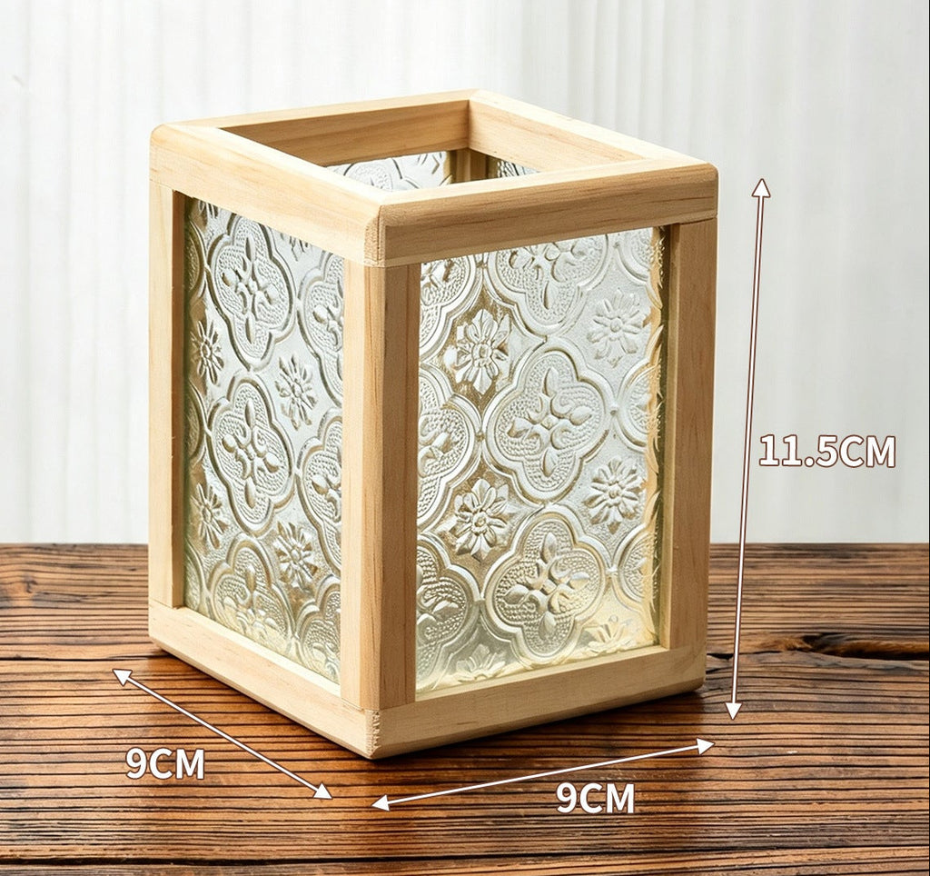 Floral Glass and Wood Desk Organizer, Vintage-Inspired Pen Holder or Lidded Keepsake Box for Home Offices and Creative Spaces