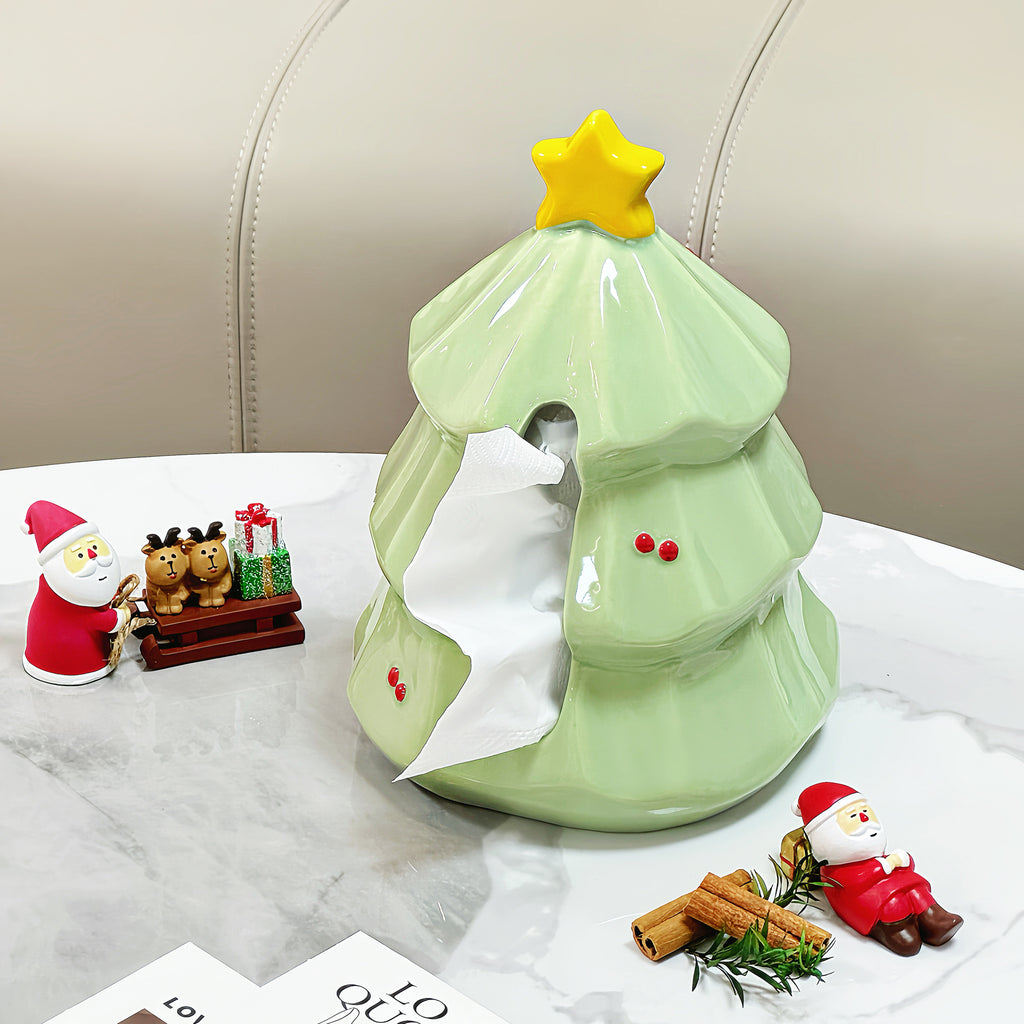 Christmas Tree Tissue Box Cover, Whimsical Green Holiday Tabletop Holder for Living Rooms and Festive Home Decor