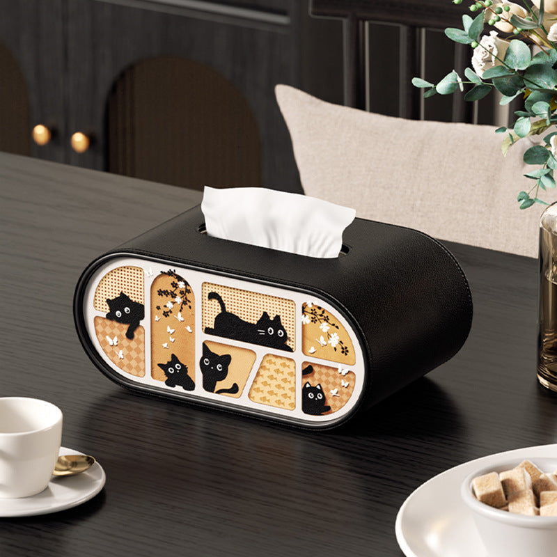 Cat Pattern Tissue Box Cover in Black, White or Cream, Decorative Rectangular Tissue Holder for Cozy Living Rooms, Bedrooms and Desks