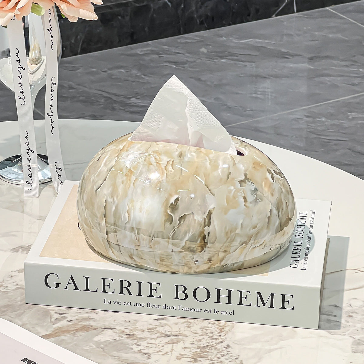 Sculptural Water Drop Tissue Box Cover, Marble-Look and Iridescent Tabletop Holder for Elegant Living Room Decor