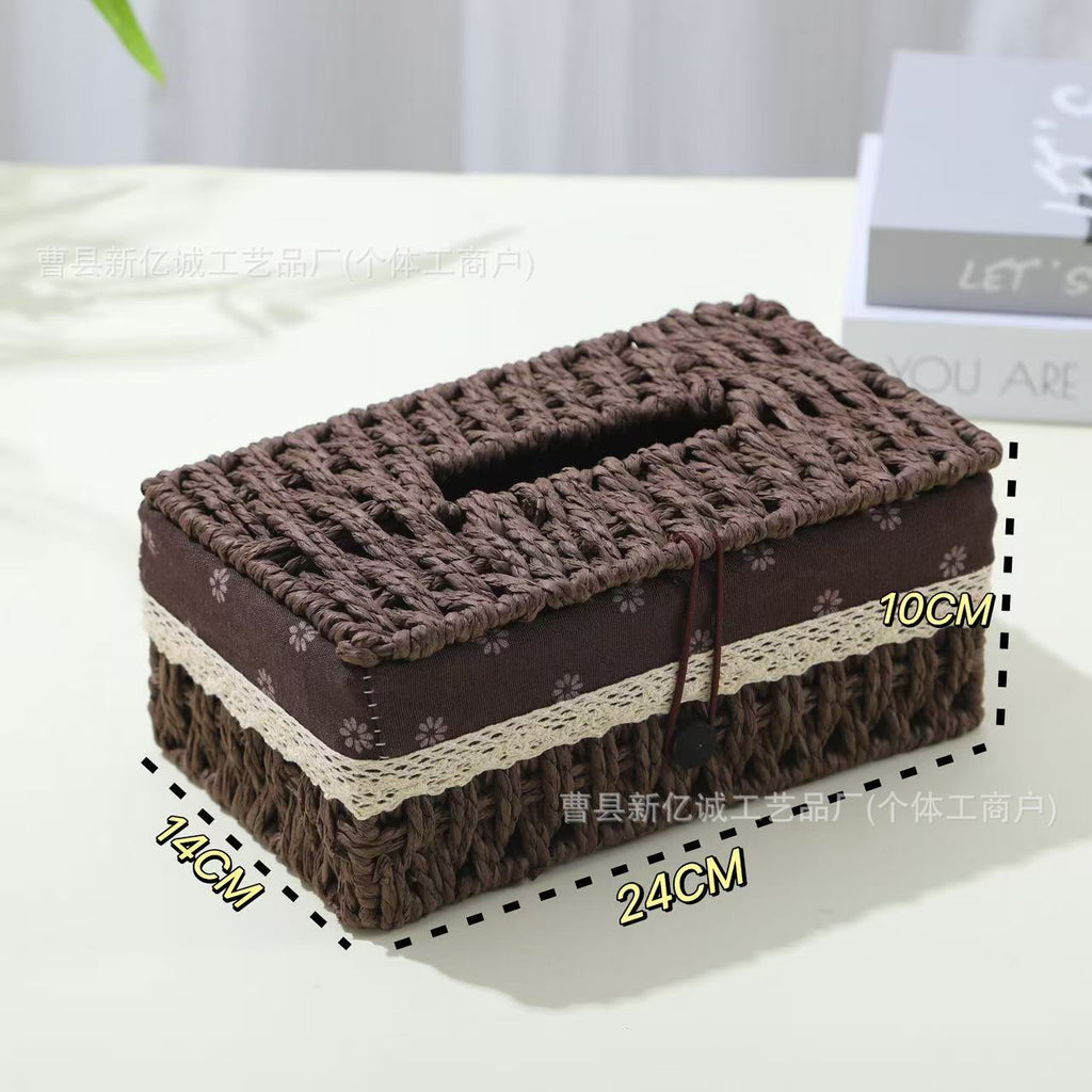Woven Tissue Box Cover in Natural or Chestnut, Beaded and Button Styles in Medium or Large for Cozy Living Rooms and Desks