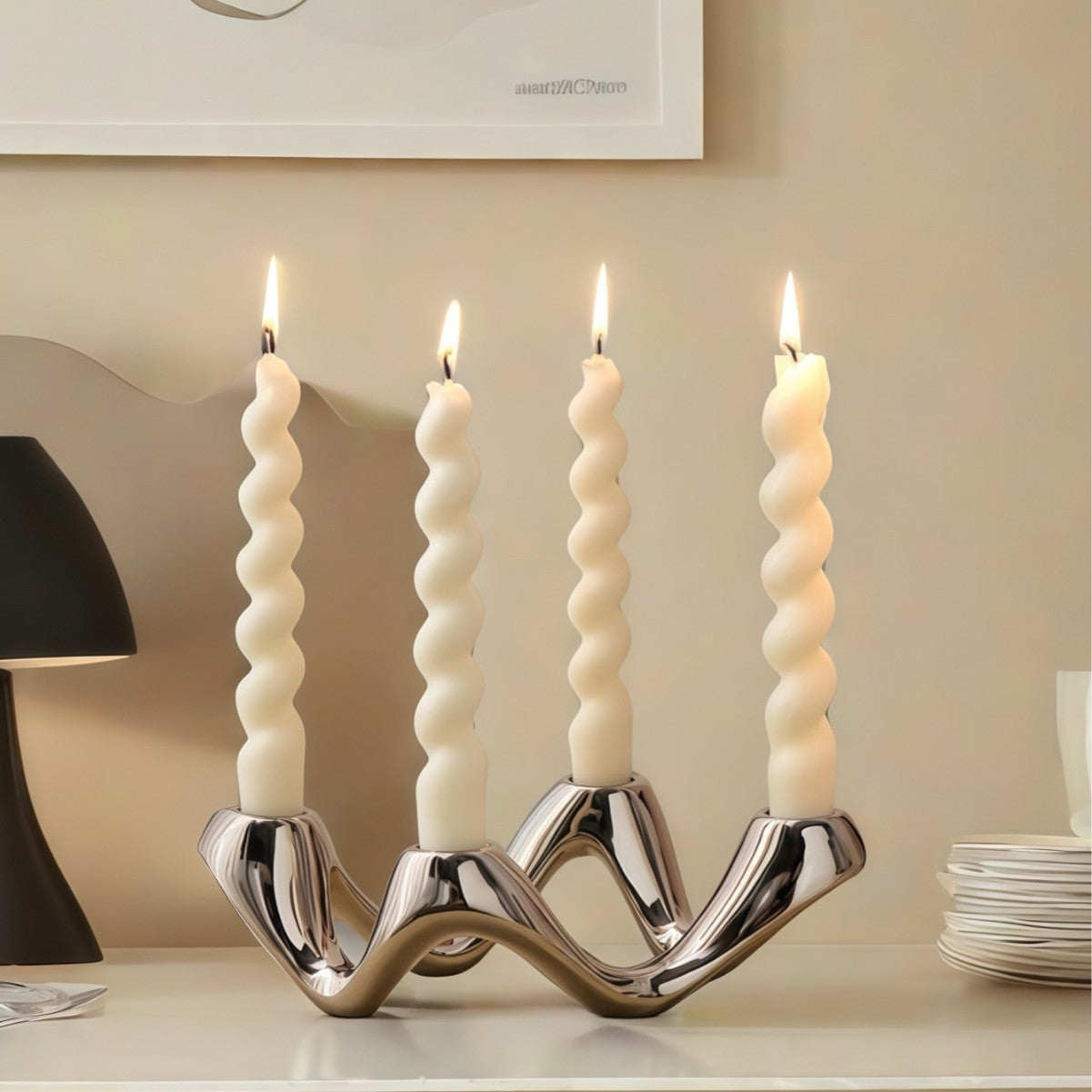 Wave Design 4-Hole Ceramic Candelabra – Gold/Silver Taper Candle Holder for Home & Event Decor