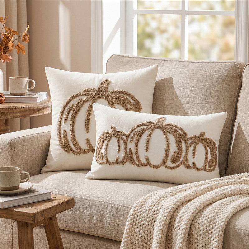 Embroidered Pumpkin Pillow Cover | Textured Autumn Cushion Case in Eight Designs for Cozy Sofas, Bedrooms and Fall Decor
