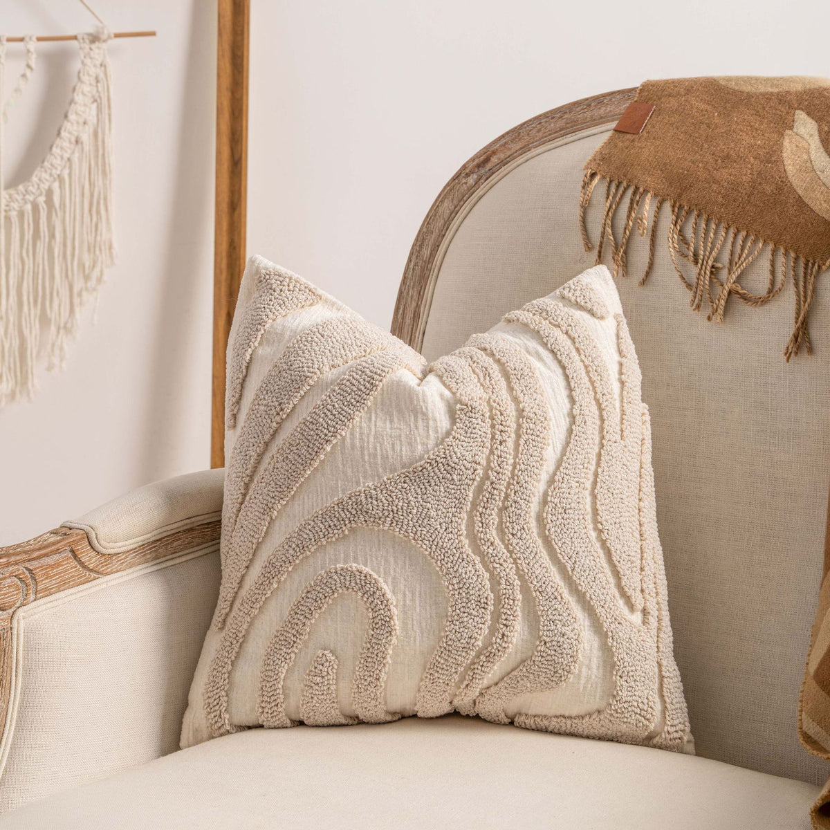 Textured Fringe Pillow Cover in Warm Neutrals, Decorative Cushion Case for Sofas, Beds and Cozy Living Rooms