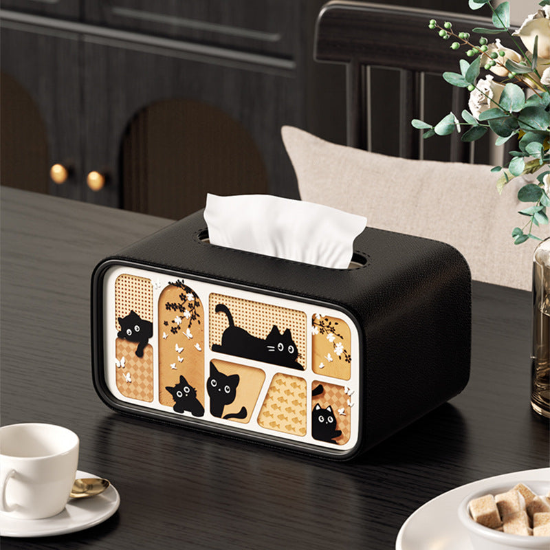 Cat Pattern Tissue Box Cover in Black, White or Cream, Decorative Rectangular Tissue Holder for Cozy Living Rooms, Bedrooms and Desks