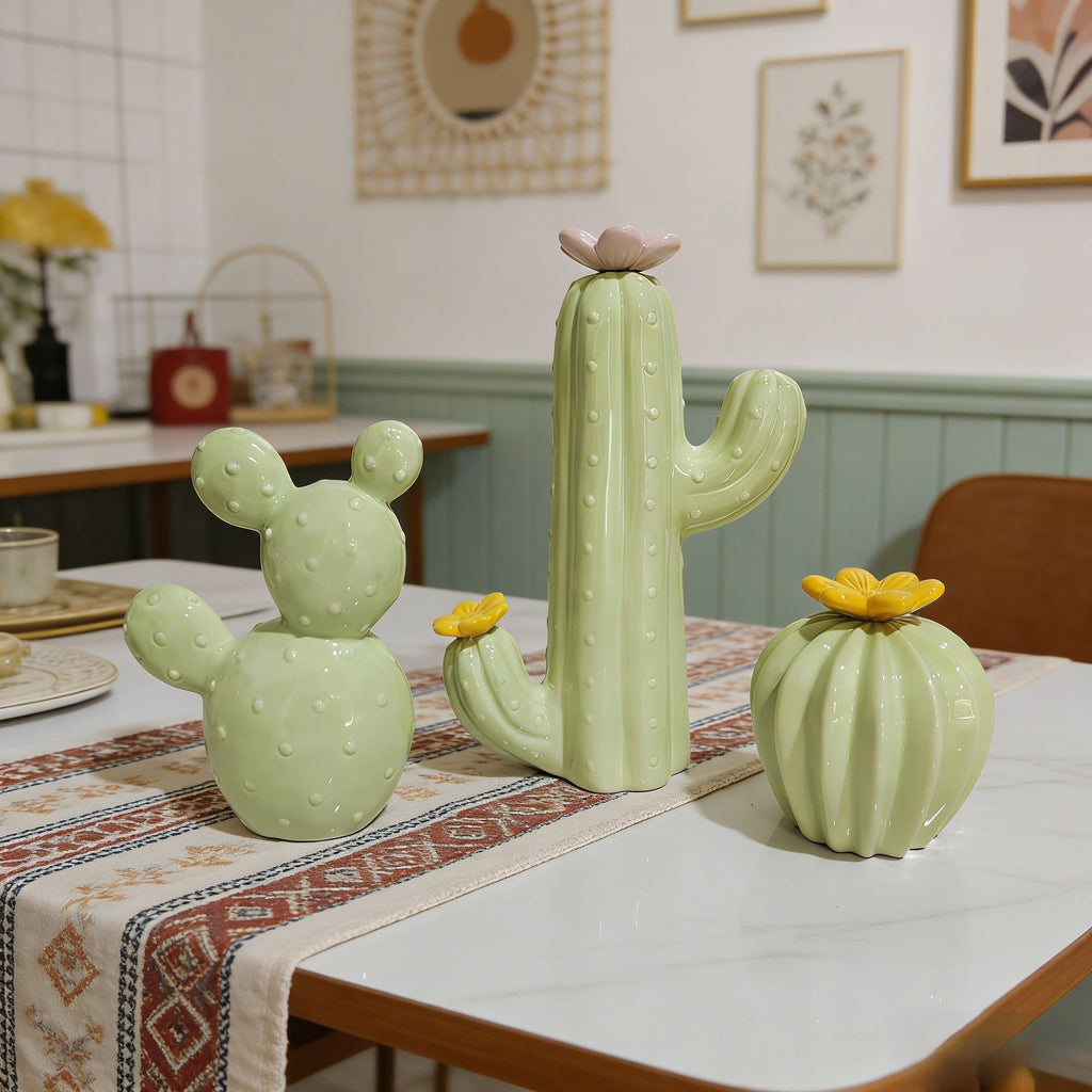 Ceramic Cactus Figurine, Sculptural Green Tabletop Ornament in Three Sizes for Desks, Shelves and Cozy Home Decor