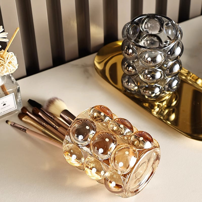 Sculptural Bubble Glass Pen Holder, Clear, Amber, Smoke or Iridescent Desk Cup for Brushes and Creative Workspaces