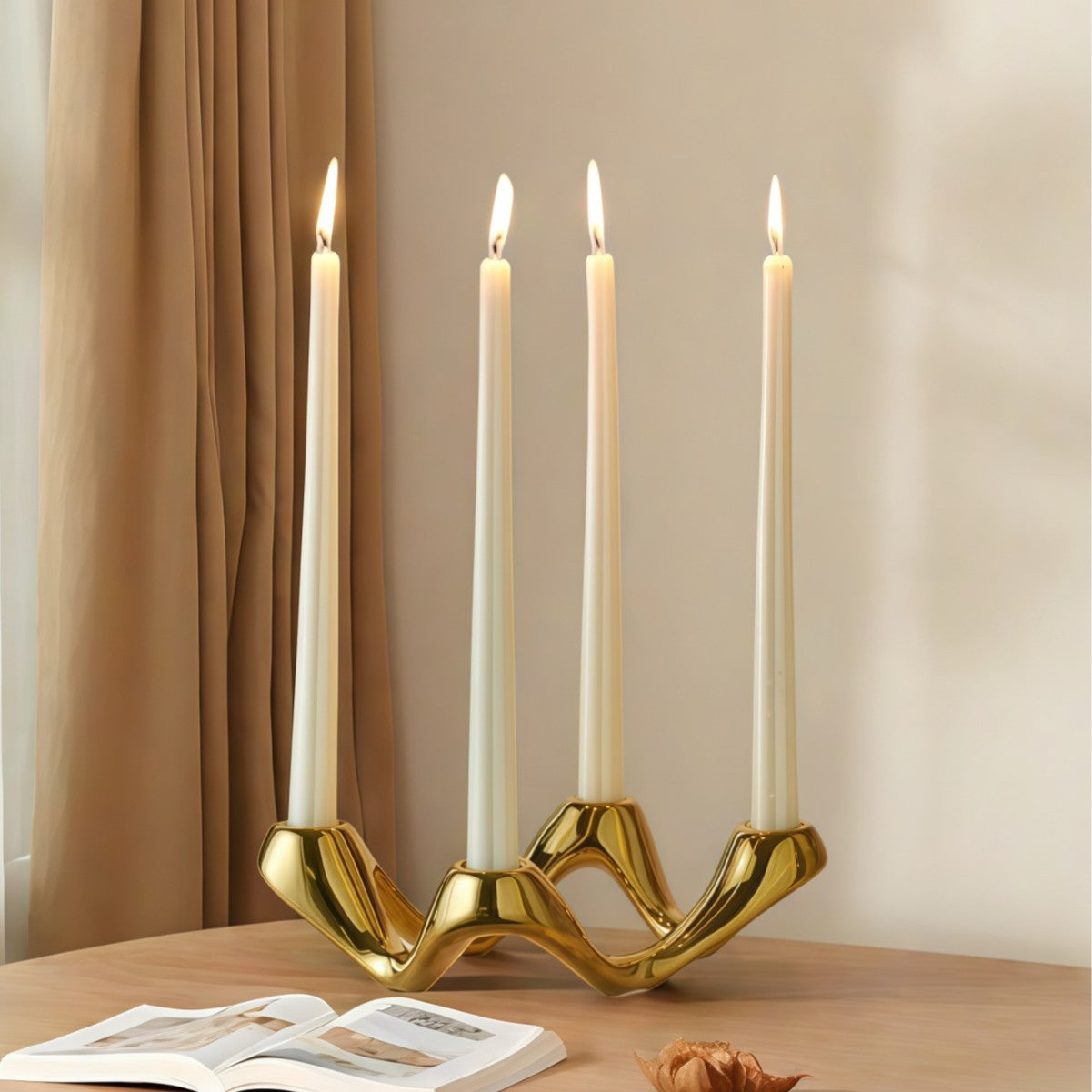 Wave Design 4-Hole Ceramic Candelabra – Gold/Silver Taper Candle Holder for Home & Event Decor