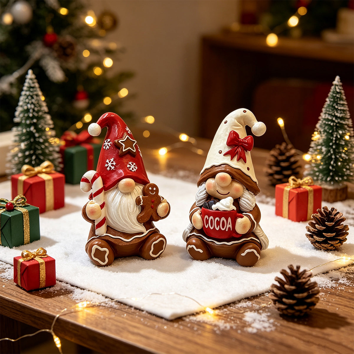 Whimsical Christmas Gnome Figurines, Gingerbread Pair or Festive Santa Accent for Cozy Desks, Mantels and Holiday Gifts