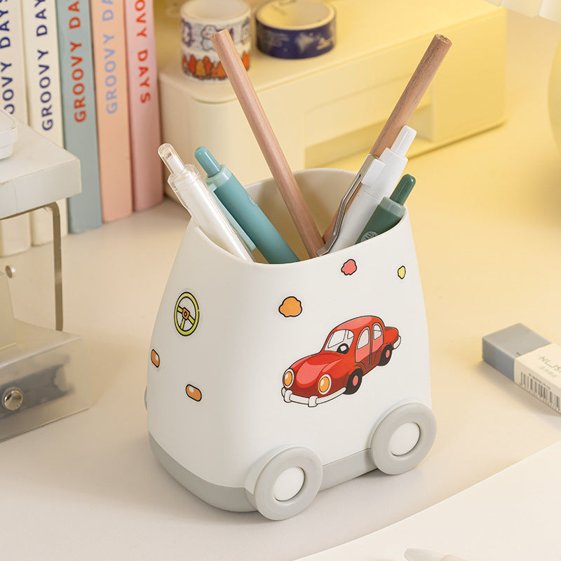 Playful Mini Car Pen Holder with Stickers, Desktop Pencil Cup and Small Stationery Organizer in Four Colors