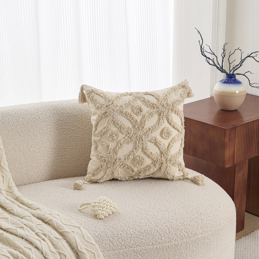 Neutral Tufted Pillow Cover, Textured 45 x 45 cm Cushion Case with Leaf, Wave and Tassel Designs for Cozy Sofas