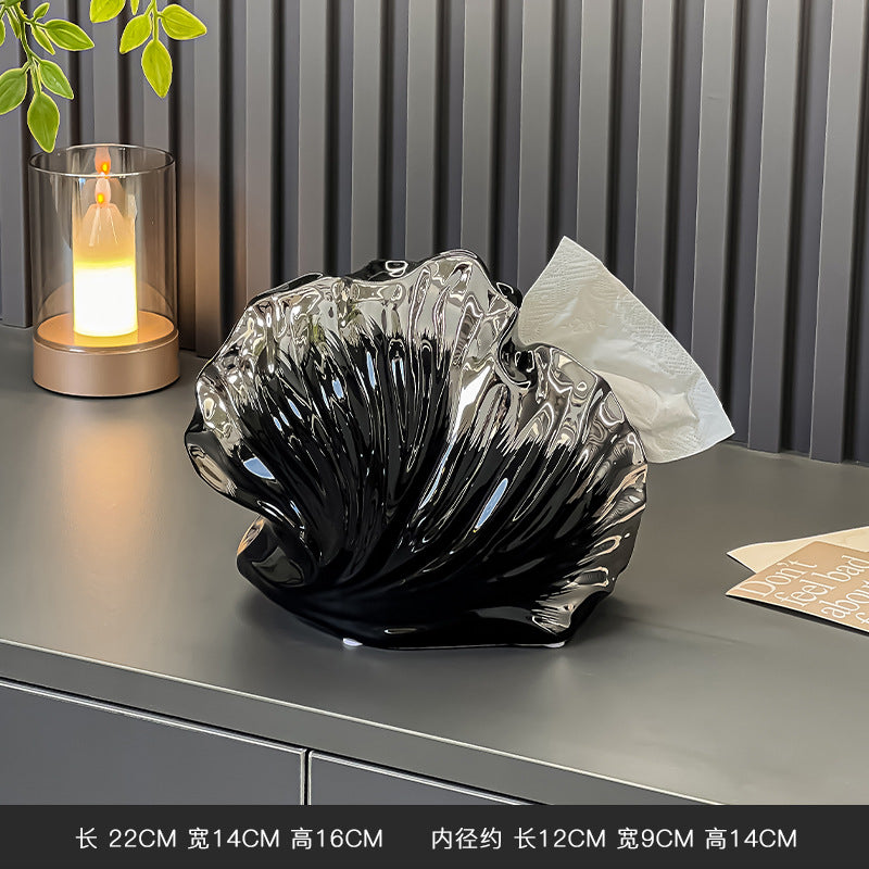 Sculptural Shell Tissue Box Cover, Ceramic-Inspired Seashell Tabletop Holder in Cream, Black or Iridescent for Elegant Home Decor