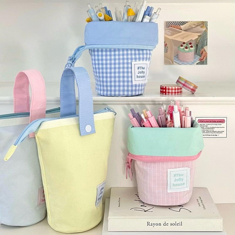 Pastel Stand-Up Canvas Pencil Case and Desk Pen Holder, Zippered Stationery Pouch for Students and Creative Workspaces