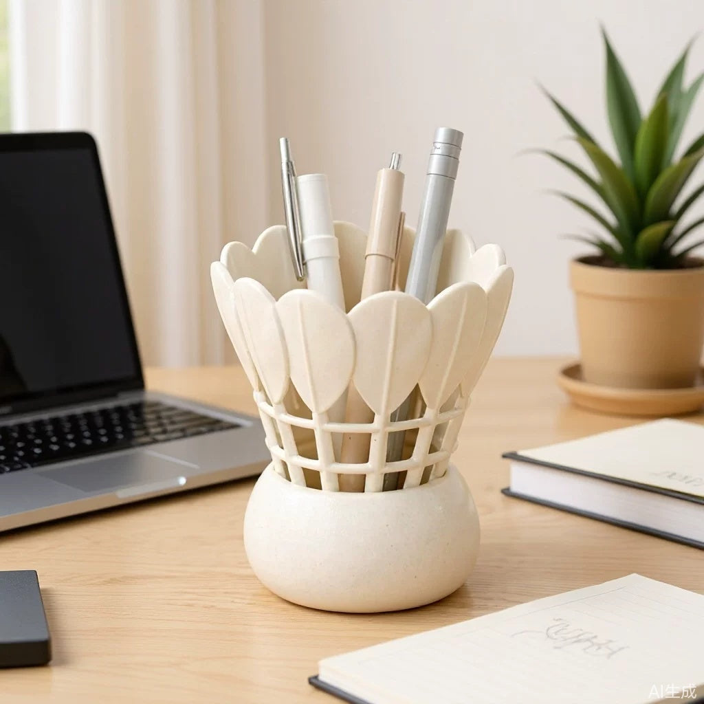 Badminton Shuttlecock Pencil Holder, Sculptural Desk Organizer in White or Black for Pens, Brushes and Playful Workspaces