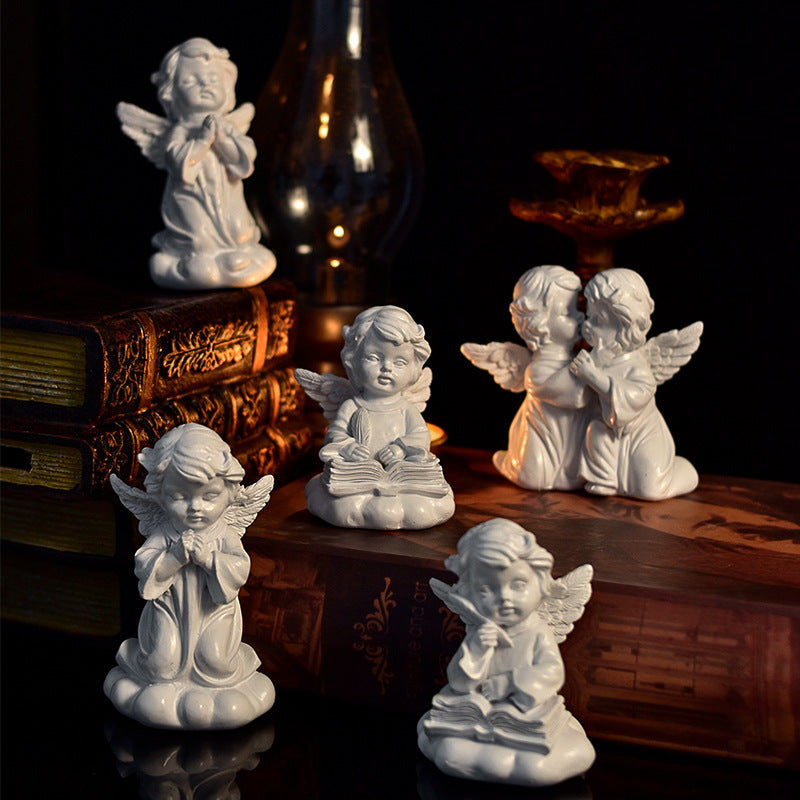 Praying Cherub Angel Figurine, White Vintage-Inspired Desk Sculpture in 16 Poses for Shelves and Thoughtful Gifts